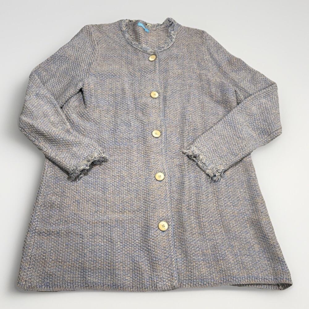 J McLaughlin Nan Long Cardigan Jacket Tweed Knit Modal Fringe Blue Button Sz L